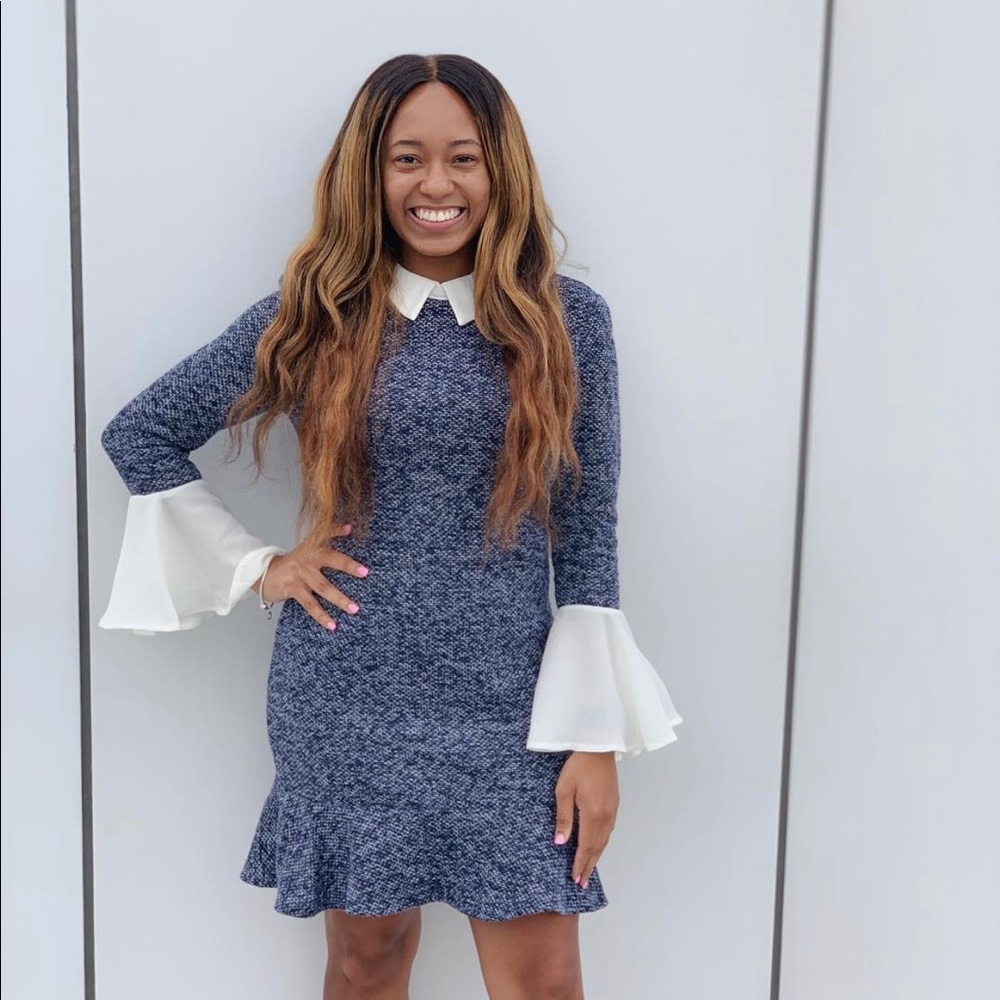 Blue tweed dress with sheer white sleeves